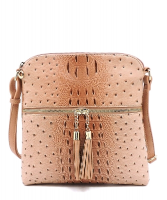 Ostrich Croc Zip Tassel Crossbody Bag OS062 ROSE PINK